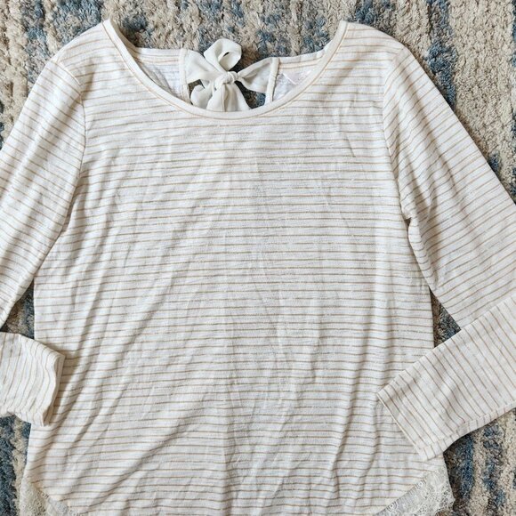 Lauren Conrad Top White Gold Stripe Rayon Stretch Knit Lace Trim || Med EUC - Picture 5 of 15